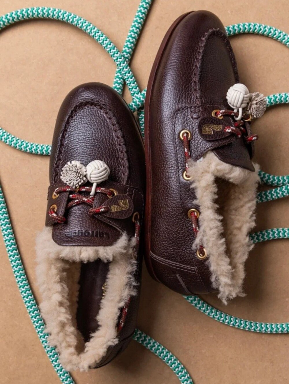 Larroude Cyprus Boat Shoes Loafers In Brown Leather And Natural Shearling